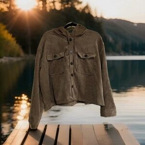 Corduroy Hooded Button-Up Jacket — Brown Sz Large